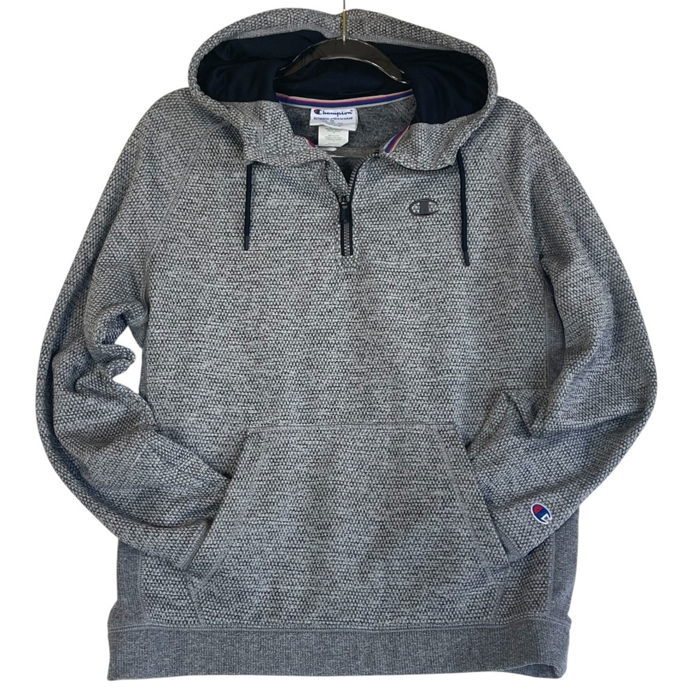 Champion Quarter Zip Hoodie Mens Medium Gray Textured Knit Pullover Athleticwear